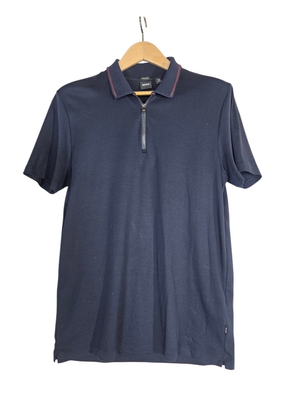 Boss Navy Polo with Front Zip and Contrast Collar Trim